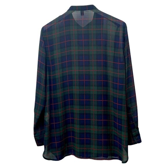 CHAPS Plaid Tunic Blouse Size Medium Navy Blue Green Plaid Chiffon Button Up Top - Picture 3 of 9